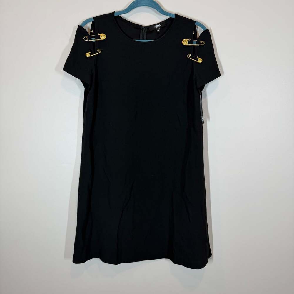 Versus Versace Black Cold Shoulder Dress Gold Safety Pin Hardware Size 44